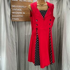 Retro Red Swing Pinup Dress with Black and White Polka Dot Panels